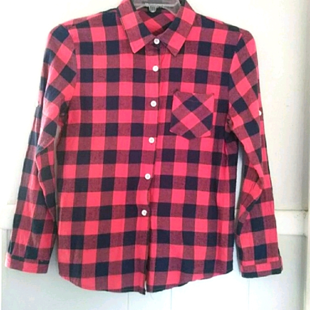 🎈3/$20 Allegra K pink & blue plaid flannel top